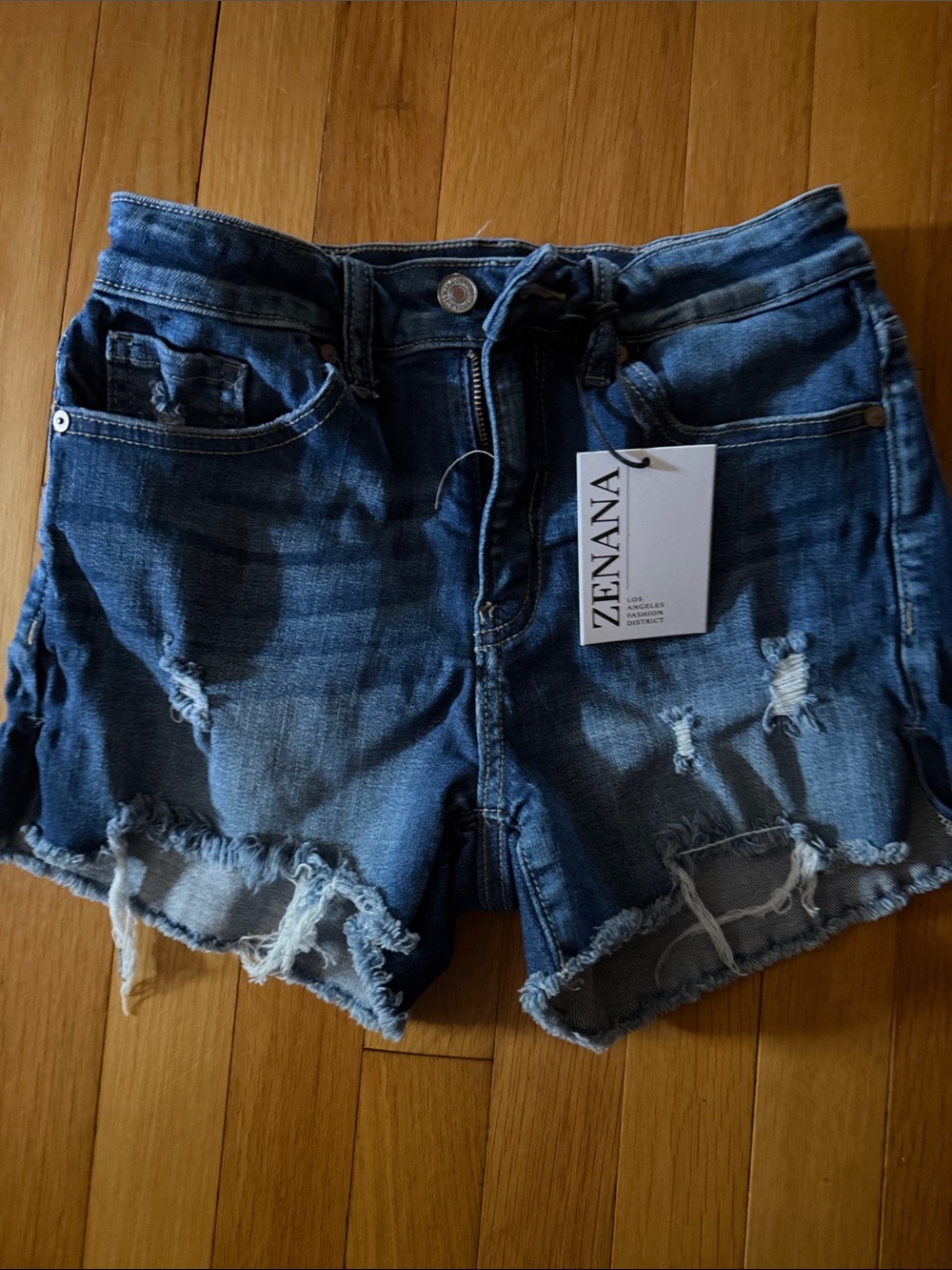 Zenana Outfitters Dark Blue Distressed High-Waist Jean Shorts. NWT